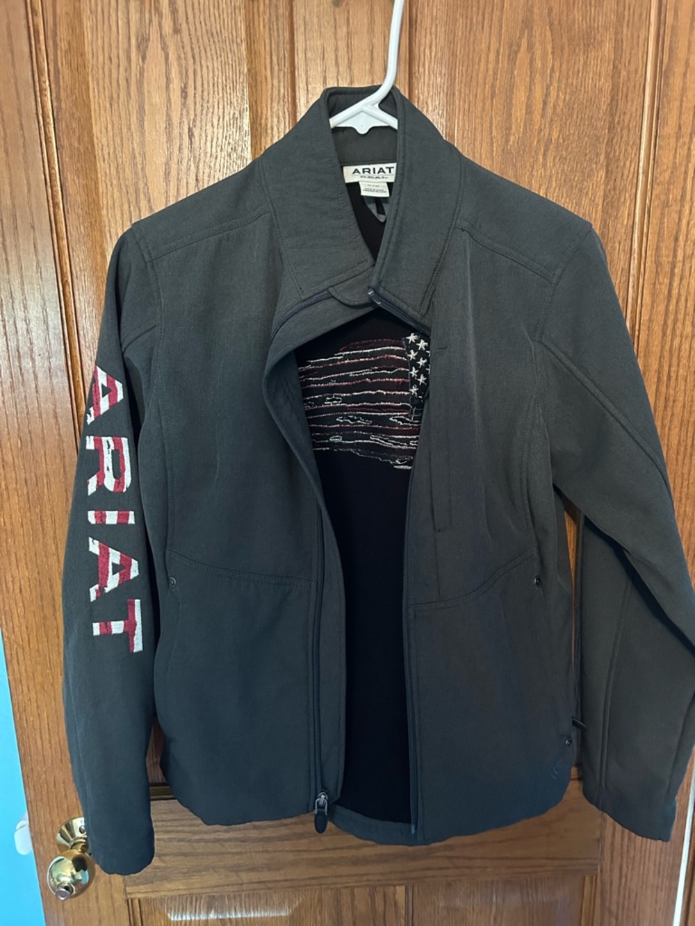 Ariat Charcoal Softshell Jacket with Flag Sleeve Lettering